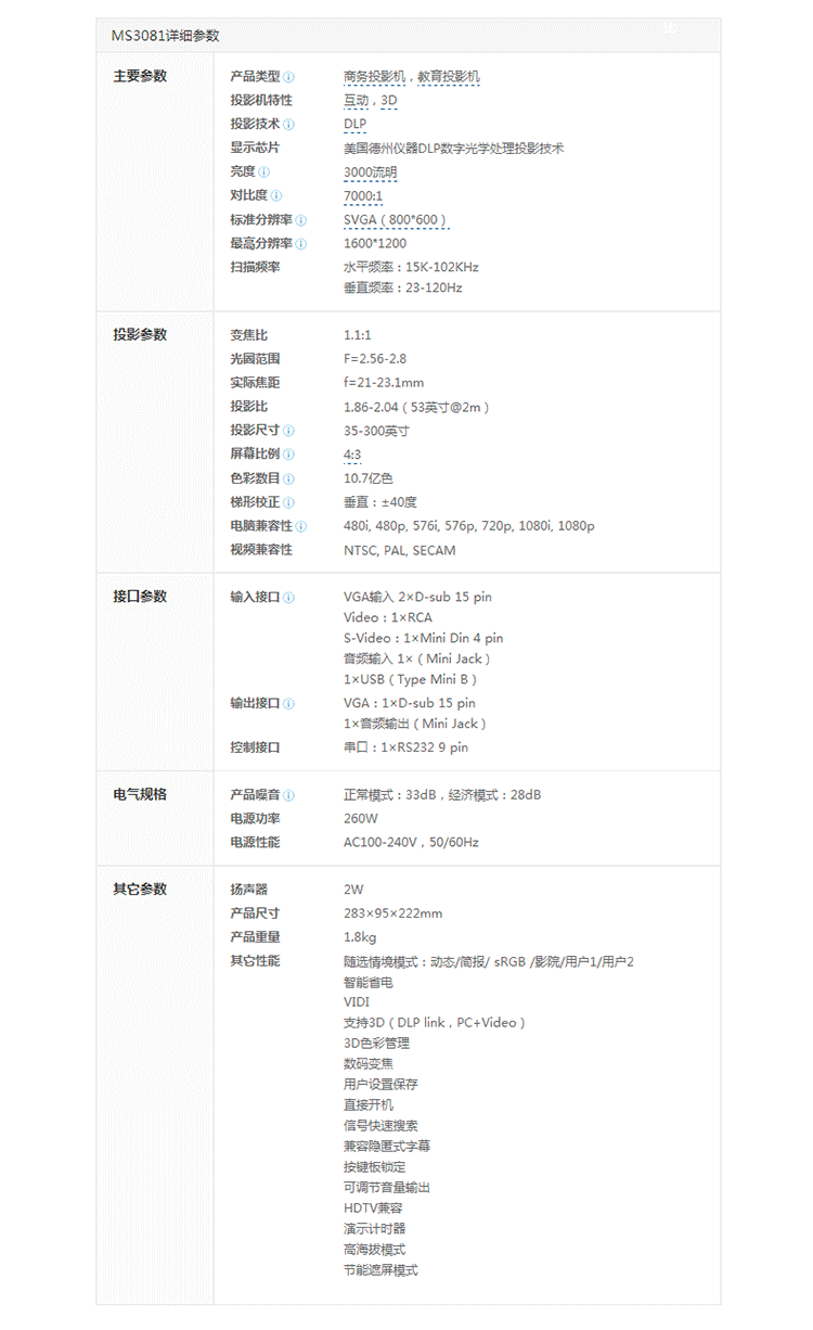 benq明基ms3081 投影仪 商务会议培训展会(dlp芯片/3000流明/svga